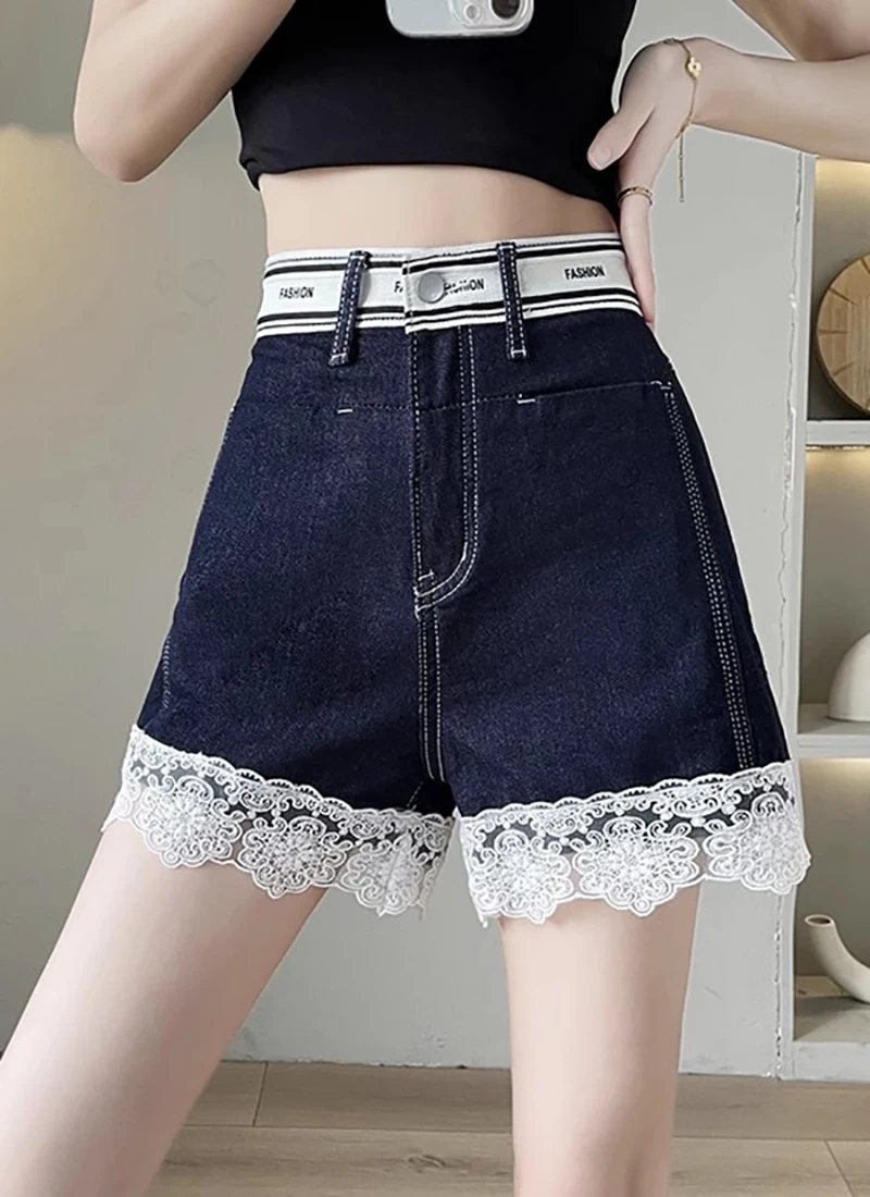 

Summer Lace Patchwork Jeans Shorts Women Designer Office Casual Lady High Waist Denim Shorts Woman Trend Blue Essentials Shorts