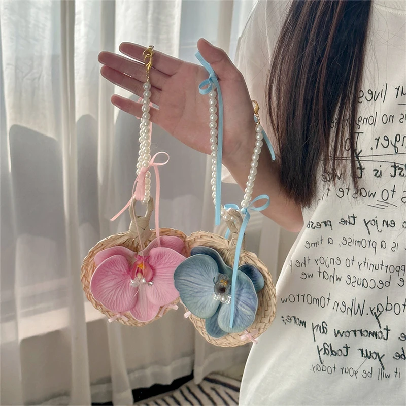 

Handmade Cattail Leaf Fan Phone Chain Pink Girl Heart Butterfly Orchid Portable Pearl Chain Bag Hanging Decorative Accessories