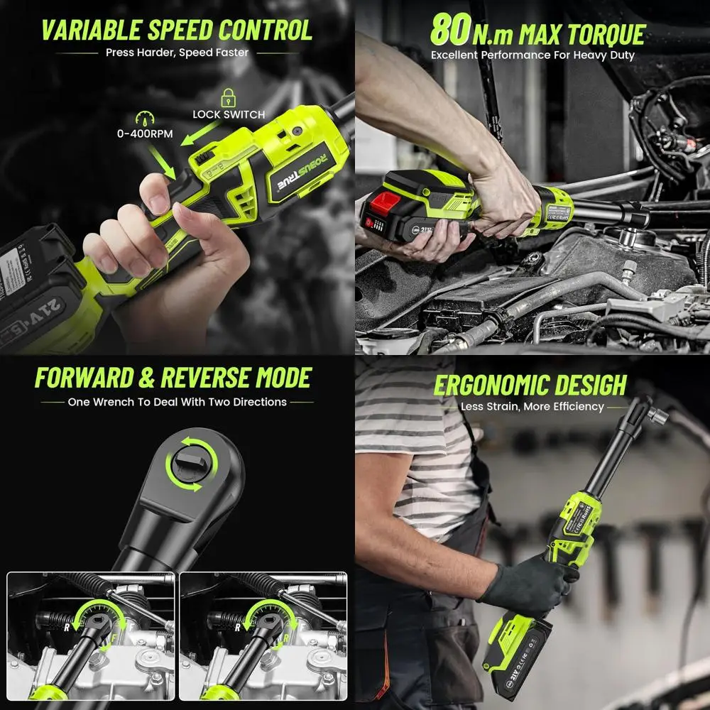 

Cordless Ratchet Wrench: 58 Ft-Lbs Torque, 400 RPM, Lightweight, 6 Extended Neck, 2x2.0Ah Batteries, 8 Sockets, 3 Bar, LED Light