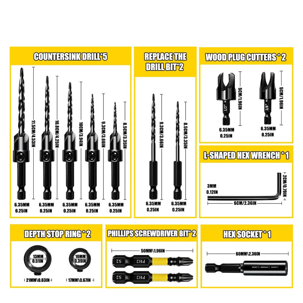 Steel Magnetic Countersink Drill Bits 15pcs Hex Shank Design for For wood Metal Drilling and Reliable Screw Handling