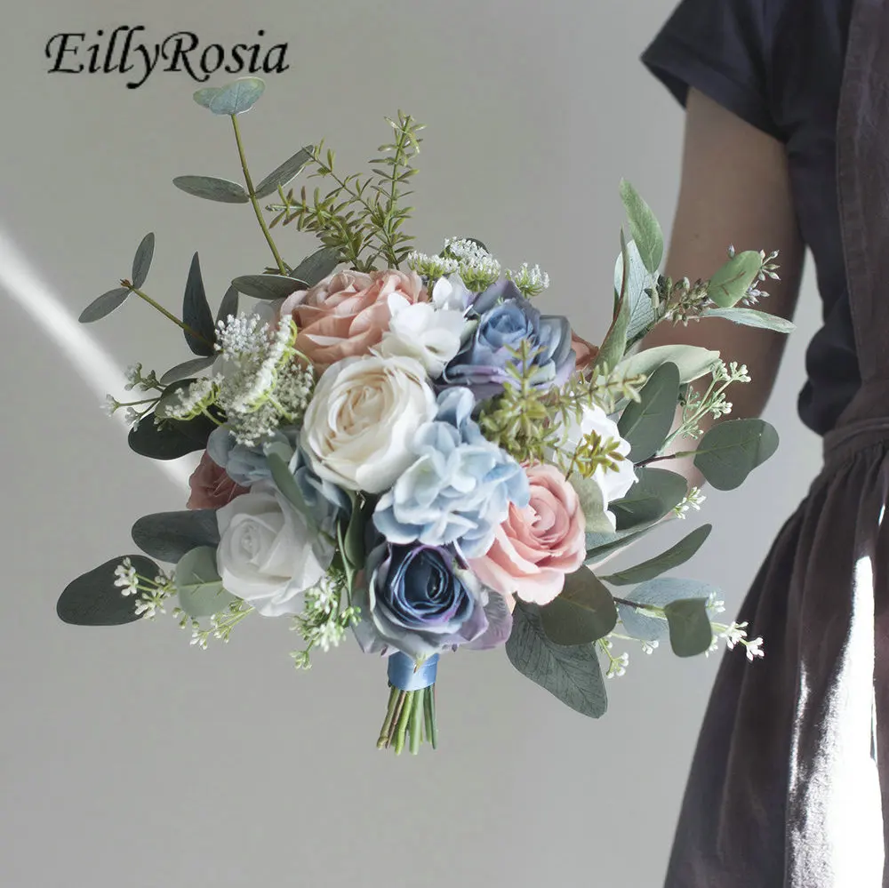 

EillyRosia Rustic Bride Bouquet de Mariage mariée Blue Pink and White Picasso Wedding Holding Flowers Accessories with Greenery