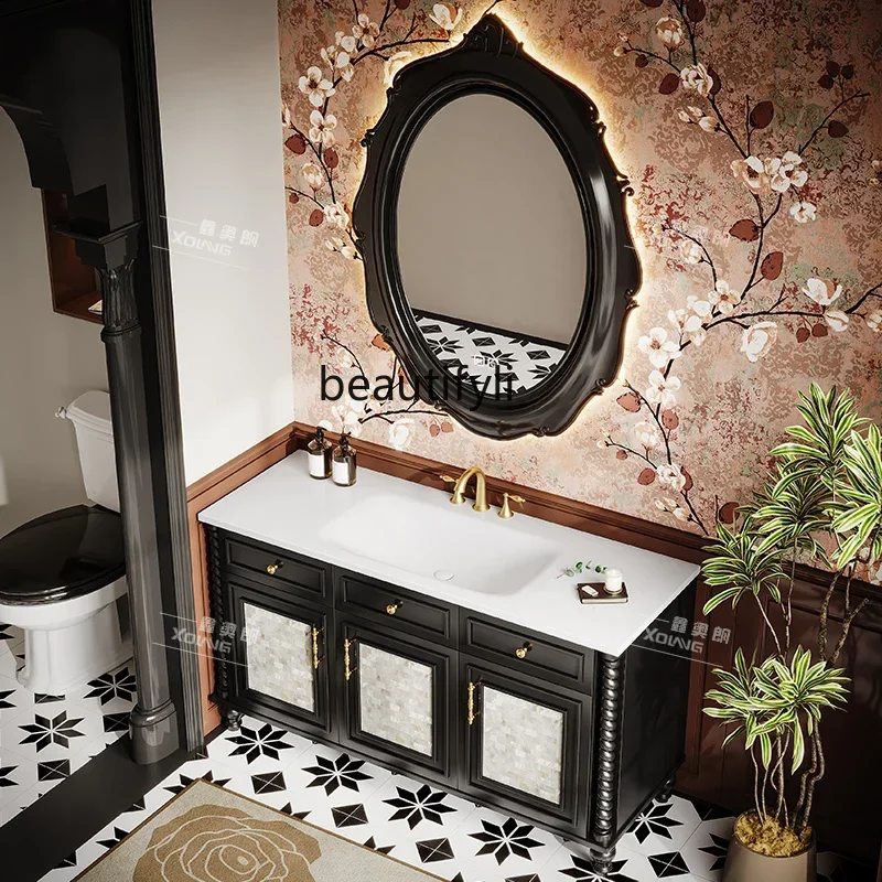 

A57 French retro bathroom cabinet combination solid wood carved washbasin floor cabinet
