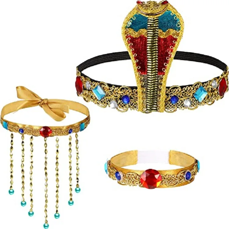 

Hot Halloween Cleopatra Pharaoh Cobra Head Tiara Egyptian Costume Accessories Headband Necklace Stage Performance Accessories