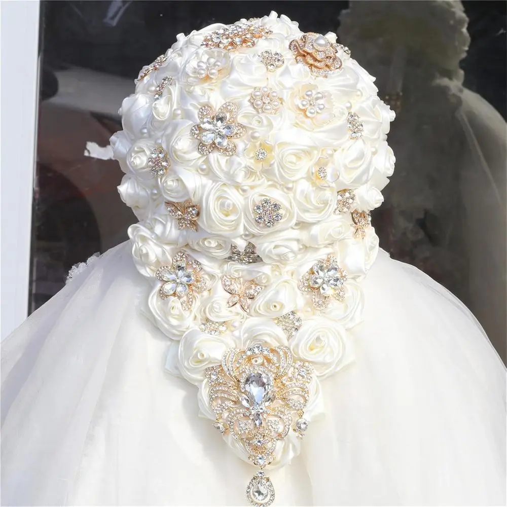 

Ivory Crystal-Accented Satin Rose Bridal Bouquet, 8.7 Round Toss, for Weddings and Proposals