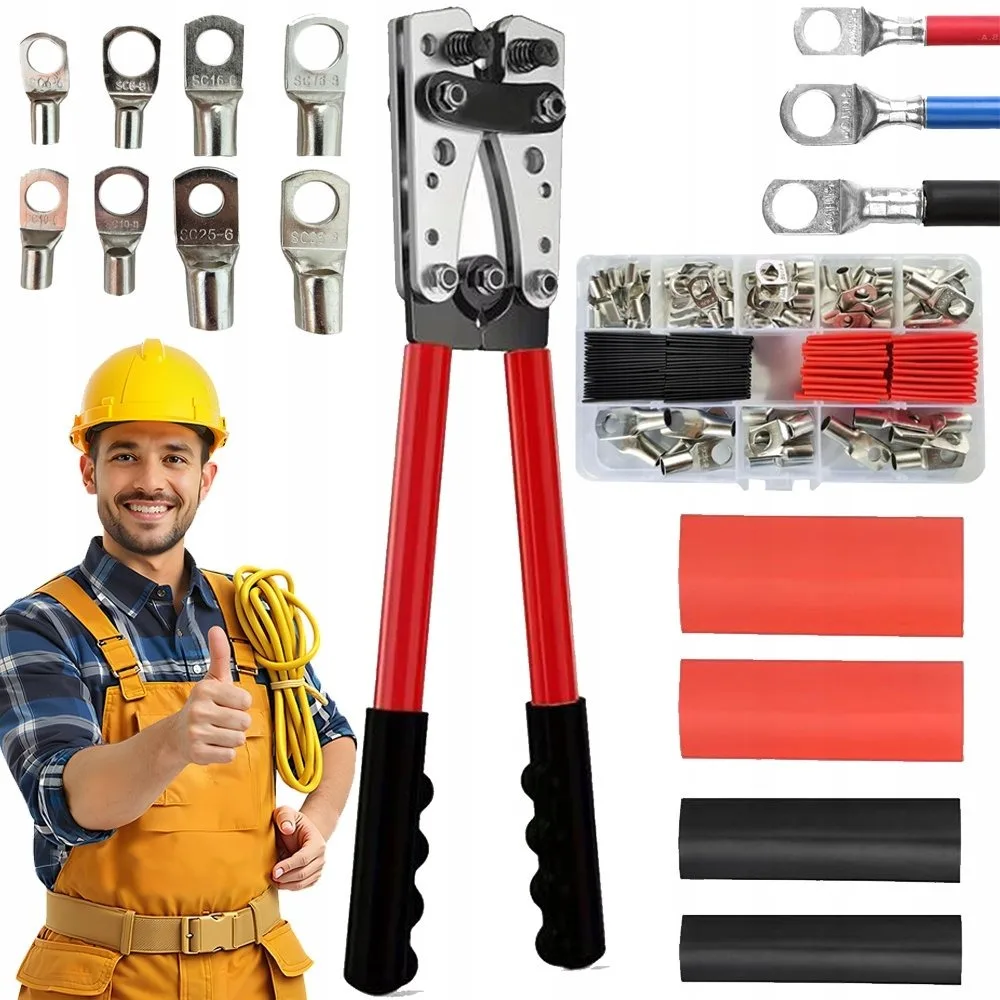 Professionelles Drahtcrimpzangen-Set, geeignet für Drahtkabel mit einem Durchmesser von 6–50 mm². Enthält 80 Kabelklemmen und Schrumpfschlauch. Ergonomisches Griffdesign. Ideal für Kabelinstallation