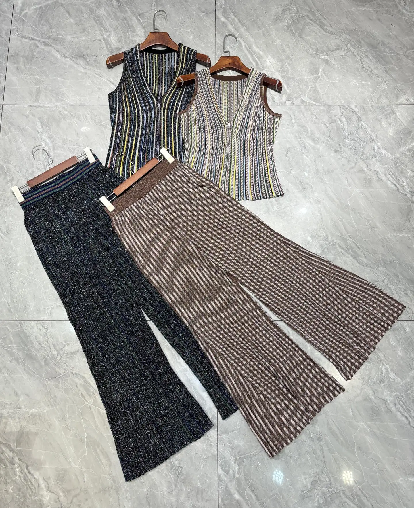 Summer Fashion Silver Wire Striped Knitting Casual Wide Leg Pants Suit Women's V-Neck Sleeveless Vest + Elastic Waist Trousers