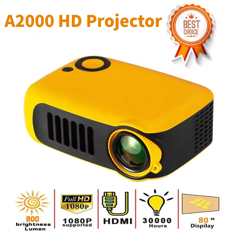 Mini projetor LED portátil com alto-falante embutido para crianças, cinema em casa, filme, presente para festa, jogo, TV, 1080p, 4K, USB, A2000, HD