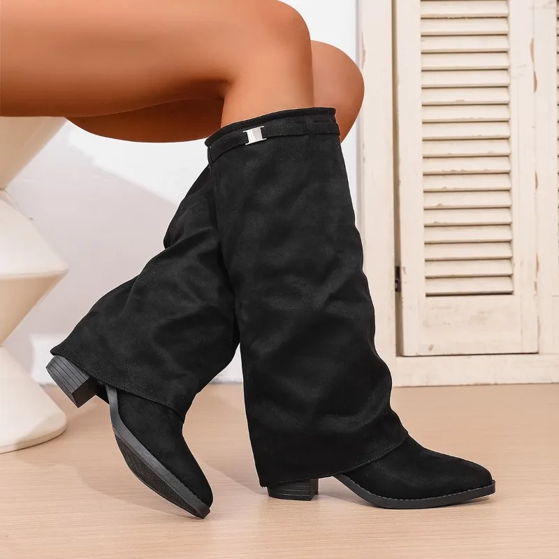 High Boots Autumn New Pointed Toe Sleeve Suede Soft Slip Non-slip Block Heel Pant Boots