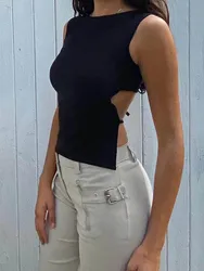 Tied Backless Slim Solid Sleeveless Crop Top 2021 Summer Sexy Skinny Simple Trim Outfits Mock Neck Basic Tank Top