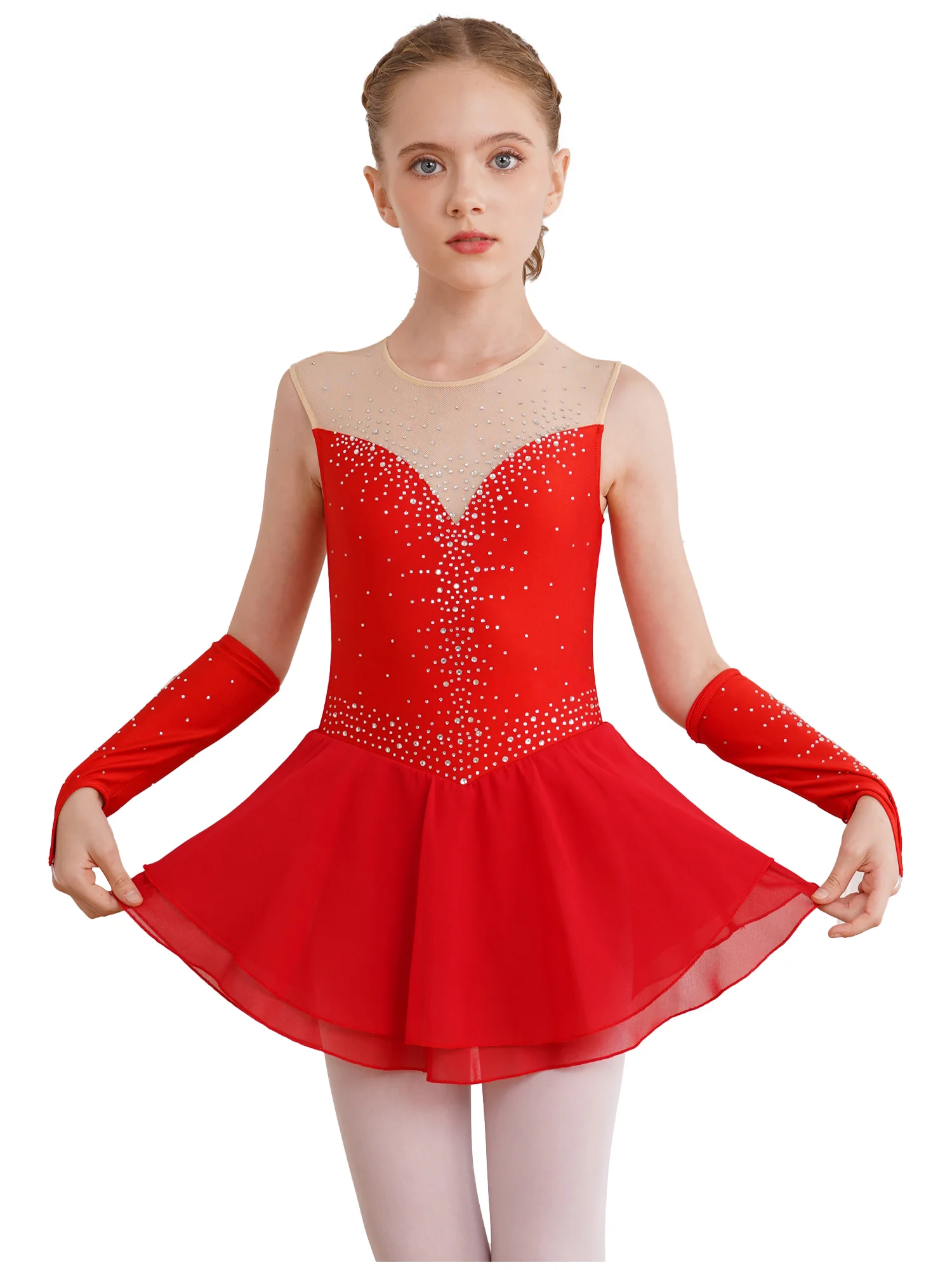 Kids Girls Figure Skating Stage Performance Outfit Glittering Rhinestone Keyhole Back Sleeveless Dance Dress with Gloves