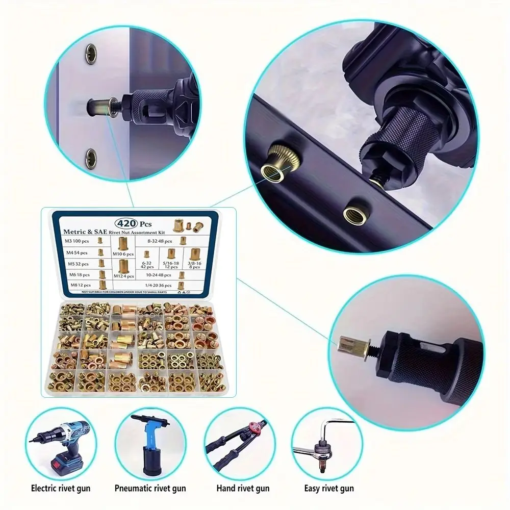 Carbon Steel Rivet Nut M3-M12 Zinc Plated Threaded Insert Tool Threaded Head Rivet Nut Rivet Nut Assortment Kit Repair Accessory