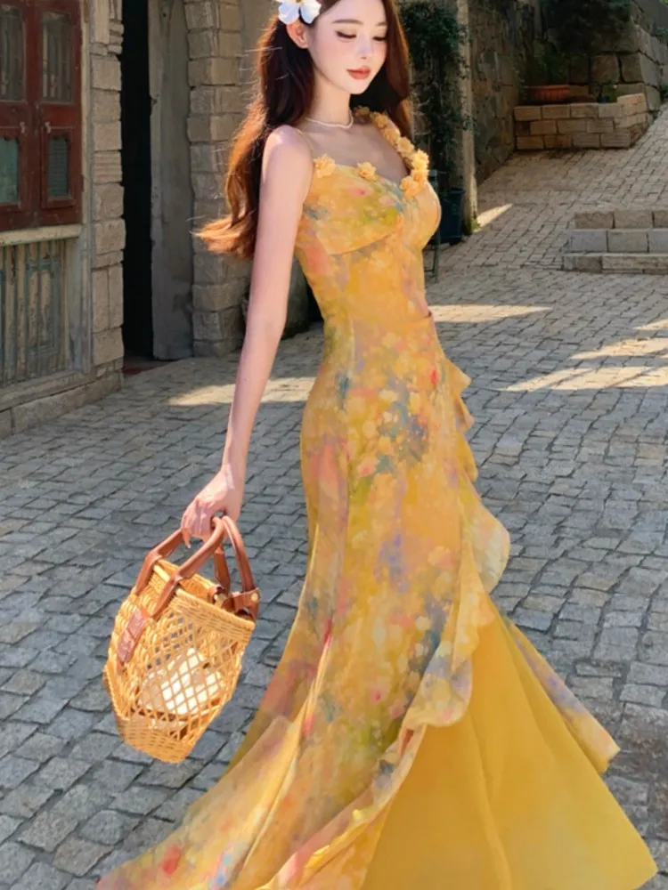 

Women Holiday Beach Print Floral Ruffled Long Dress V Neck Sleeveless Spaghetti Strap Fairy Dress Elegant Evening Party Vestidos
