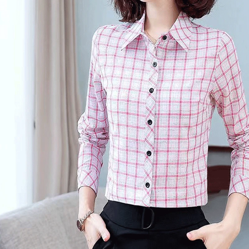 2023 Summer Fashion Plaid Print Temperament Long Sleeve Women\'clothing Simple Commuter Casual Versatile Polo Button Shirt