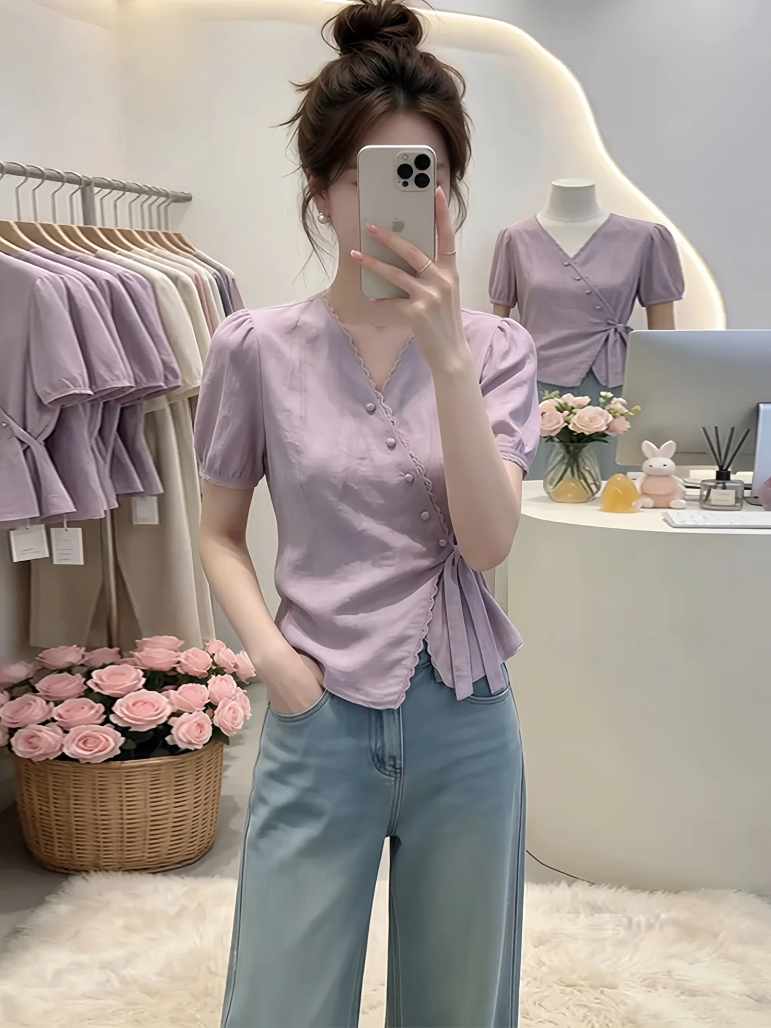 

Gentle Wind V-Neck Lace Trim Short Sleeve Shirt Slim Fit Button down Casual Versatile Women's Top for Spring Summer