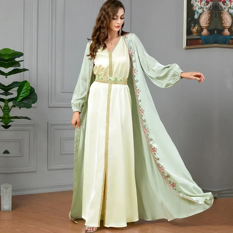 Elegantní prostřední východ zelená muslimové nastaví pro ženy eid arabové femme otevřený kimono abaya šaty islámu turecko šaty marocké kaftan róba