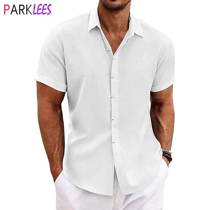 

Mens Linen Blend Short Sleeve Summer Shirts 2024 New Hidden Button Beach Vacation Shirt Men Casual Moisture Wicking Chemise 3XL