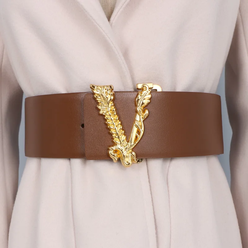 Width 6.5CM Waist Belt Women Metallic Gold Large V-shaped Cowhide Decoration Versatile Fashion Commuter Dress Jacket Jeans Belt