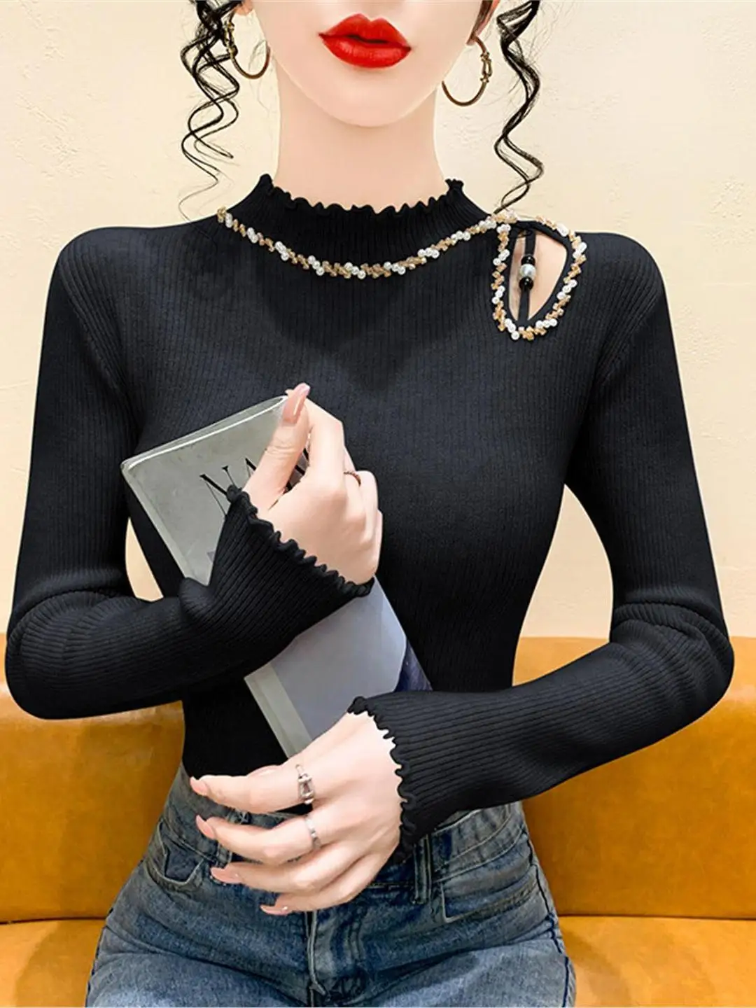 Bla-capa Base de punto irt para mujer, Otoño Invierno, cuentas huecas, embellecedoras, Top largo, ropa interior, diseño Faion