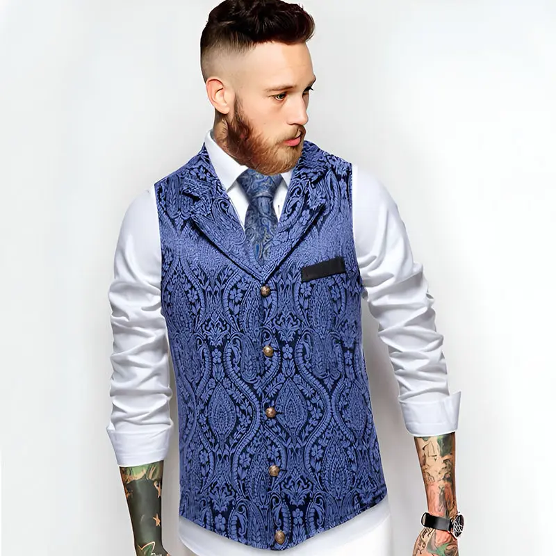 European Medieval Men's Retro Floral Vest Fashion Lapel Patchwork Suit Vest Spring Casual Vintage Gentleman Leisure Party