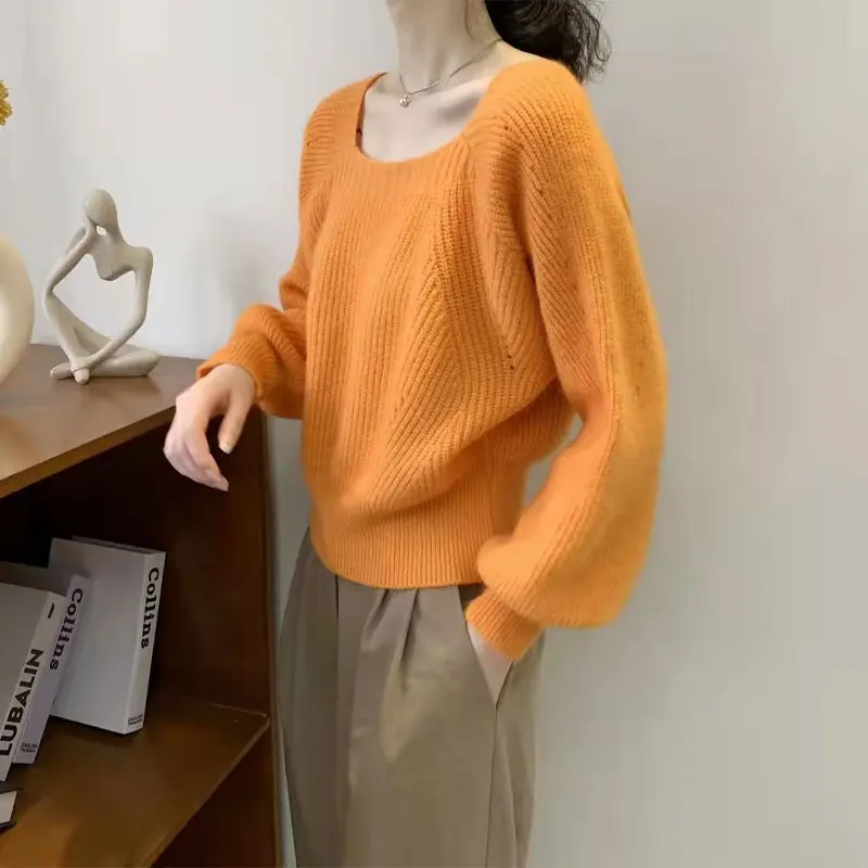 Sweter rajut lengan lentera dasar wanita, pakaian jumper longgar Chic Korea kerah kotak elegan musim gugur musim dingin warna polos