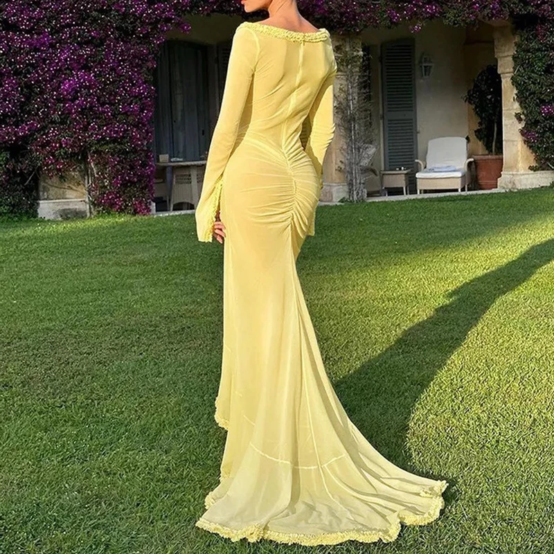 Vestido largo de encaje con volantes para mujer, traje elegante con escote en V, manga larga, malla transparente, Sexy, vacaciones en la playa