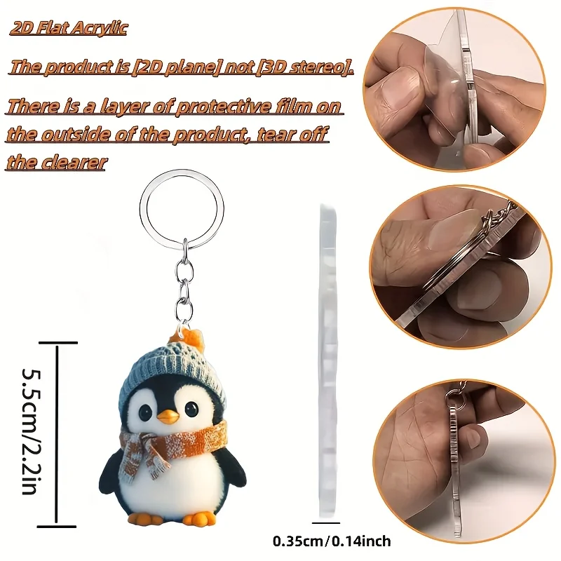 2D Cute Penguin Keychain Wearing Hat Hanging Ornament Acrylic Car Backpack Accessory Perfect Gifts for Halloween Christma Party view 5