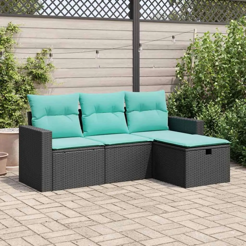 4-Piece Black Poly Rattan Patio Sofa Set with Cushions - Stylish Outdoor Furniture