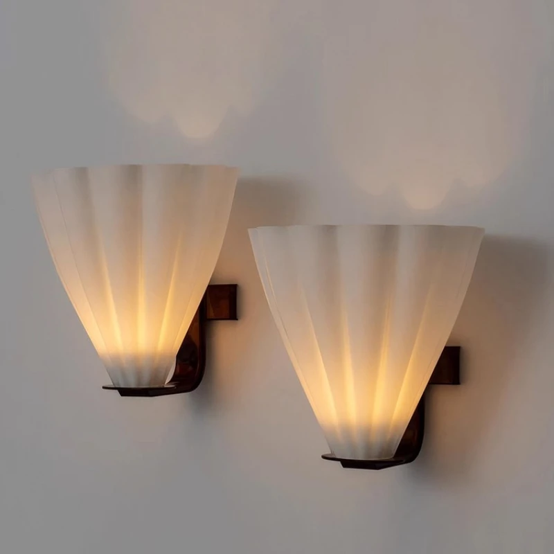 Italian Retro Hand Blown White Pleated Glass Wall Lamps LED Light Living Room Kitchen Bedroom Restaurant Sconces Home Decoration