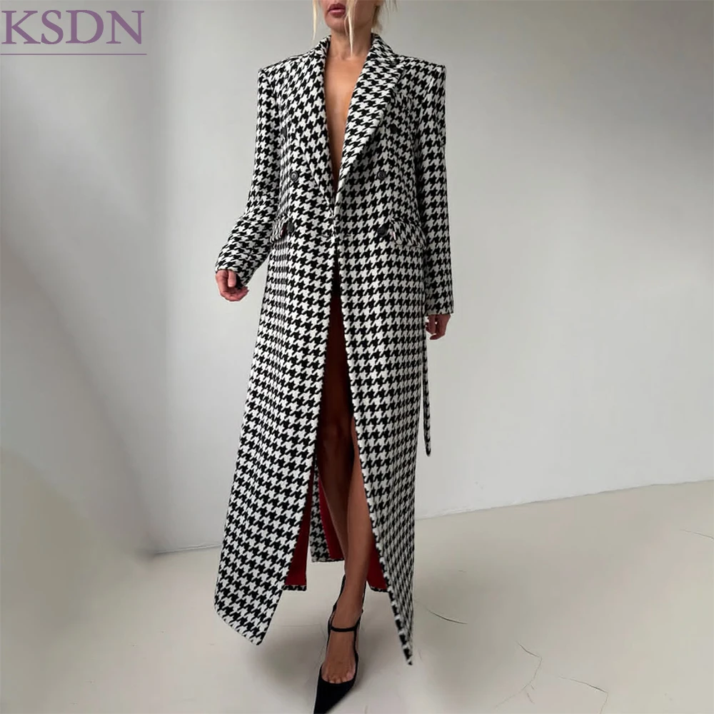 Black and White houndstooth Women's Long Blazer Coat Fashion Belted Jacket Modern Shoulder Pads Red Lining Jacket