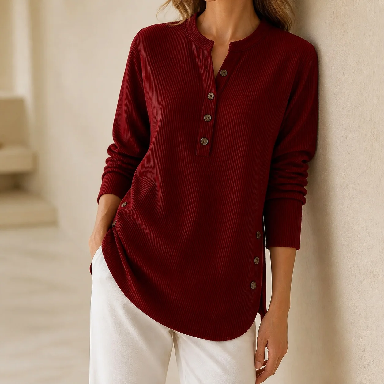 Women's Corduroy Solid Color Loose Fit Round Neck Button Front Midi Length Woven T-Shirt Style Women Shirt Top with Hem Split