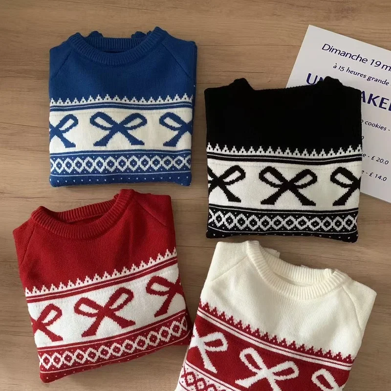 Bow Jacquard Knitted Pullover Laid-Back Korean Style Fashion Versatile Harajuku Autumn Winter Color-Blocking Sweater For Women