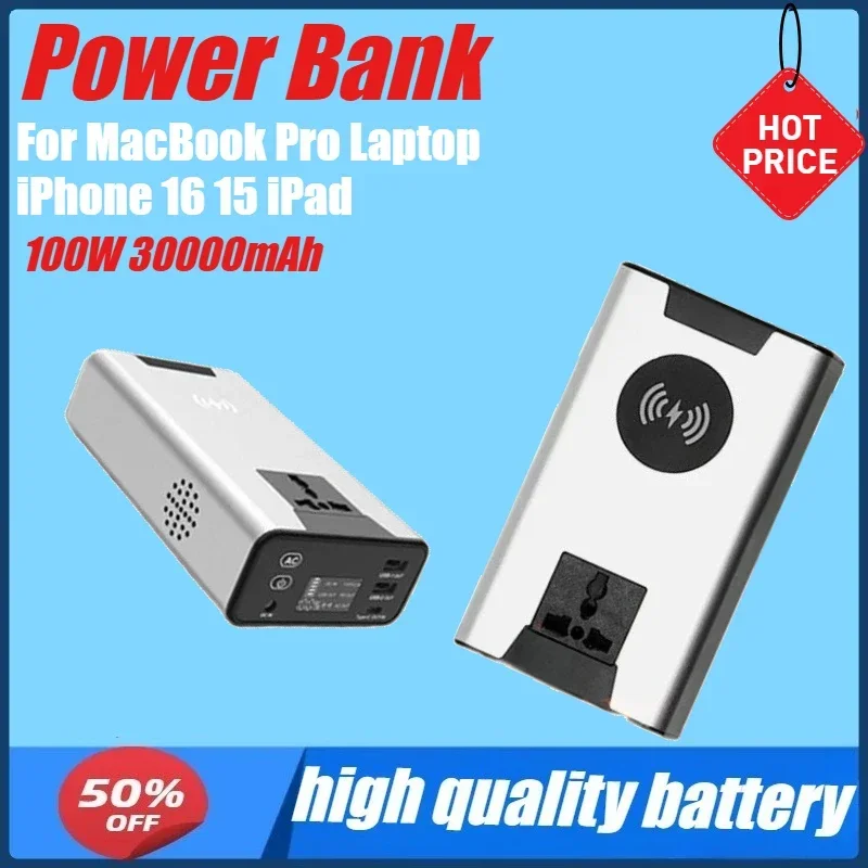 

110V 100W 30000mAh Wireless Power Bank Rechargeable Battery AC Output Powerbank for IPhone 15 16 IPad MacBook Pro Laptop