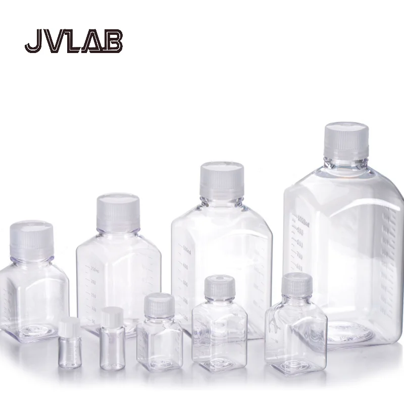 

Square Culture Medium/Serum Bottle Scale Sterile Leak-Proof Made PETG/PET Material Cell Culture Storage JVLAB