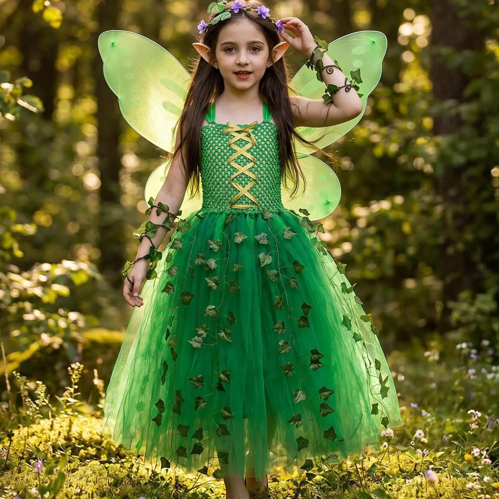 Woodlands Green Garden Fairy Tutu Dress With Headband And Wings Girls ElfGown Costume For Halloween Cosplay Party Clothing Set