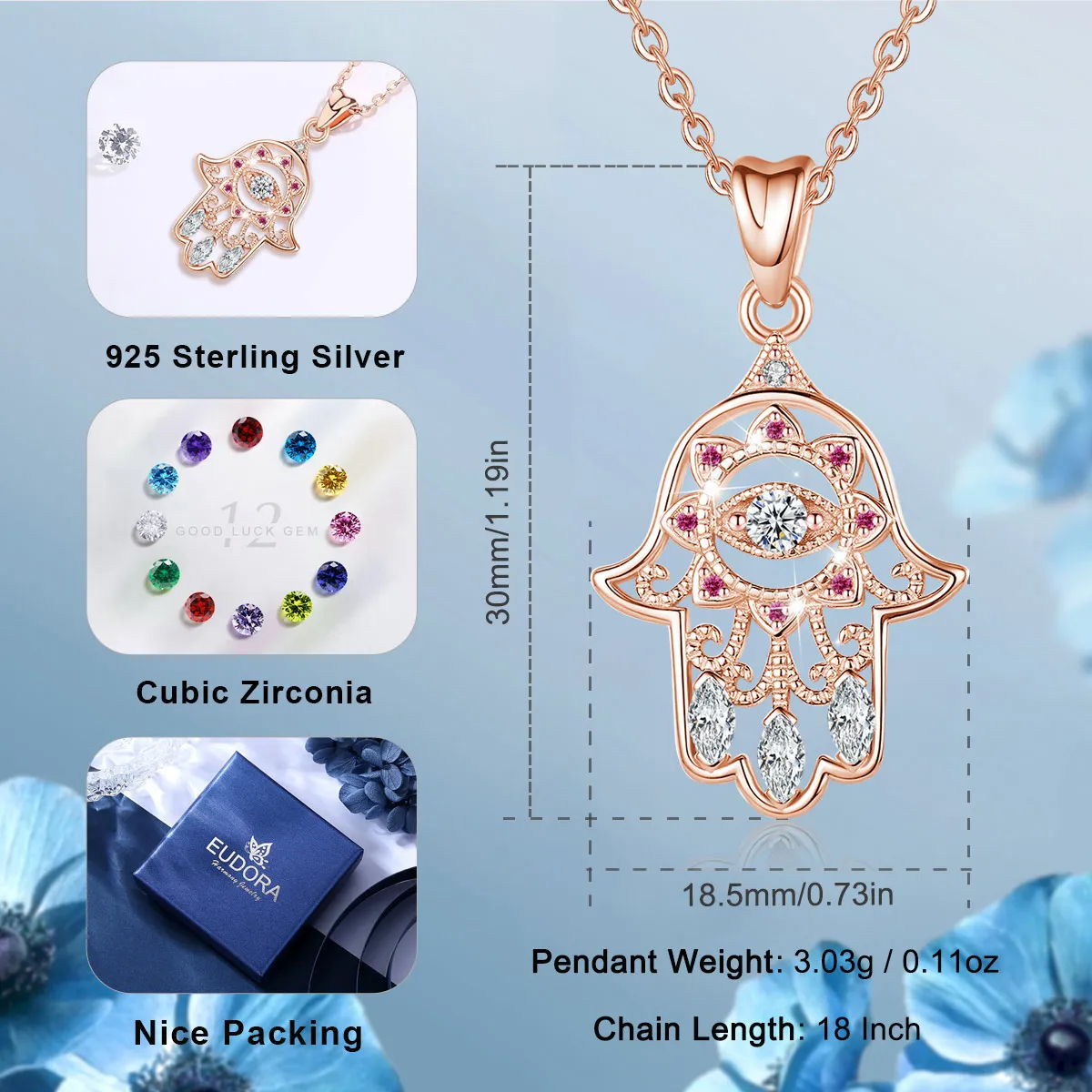 EUDORA 925 Sterling Silver Rose Gold Color Evil Eye Hamsa Hand Bracelet & Necklace Fine Devil's Eye Jewelry Set for Women Gift