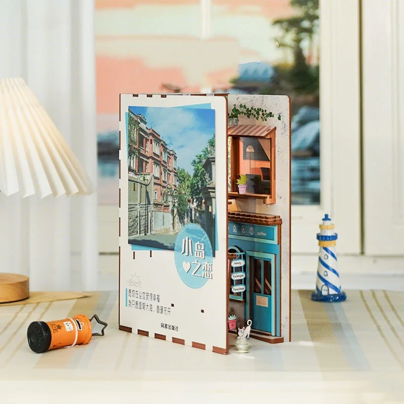 

Island Love Sensor Book Nook DIY Wooden 3D Puzzle with LED Sea Wave Light Miniature Anime Alley Bookshelf Decor Gift for Her