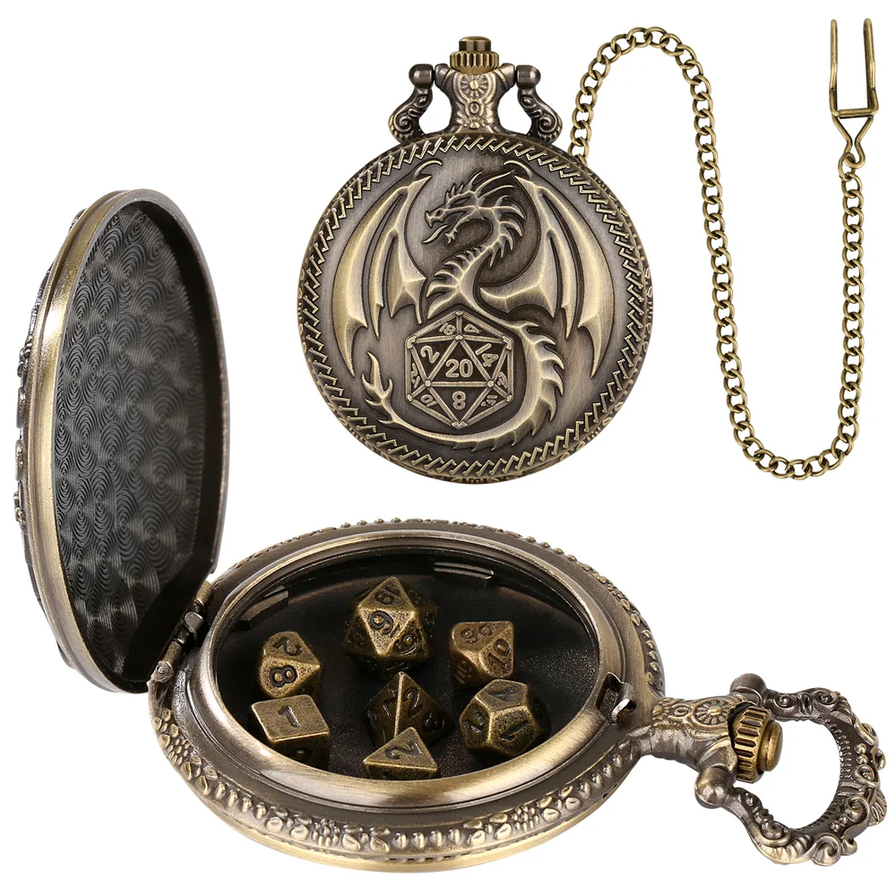 Punk Cool Dragon Dice Vintage Metal Pocket Watch Case with 7 Mini Entertament Games Dices Set New Hot Birthday Gift