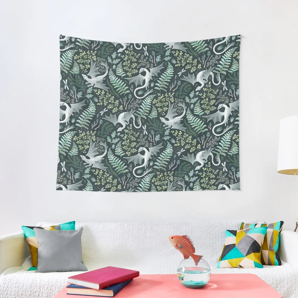 

Forest dragons in shades of green on a dark green background Tapestry Decorative Wall Room Decor Tapestry