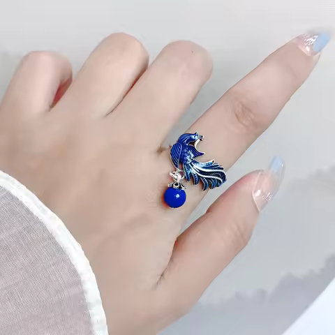 Classic 925 Silver Enamel Blue Phoenix Tassel Rings for Women Chinese Style Vintage Lapis Lazuli Round Beads Ring Jewelry