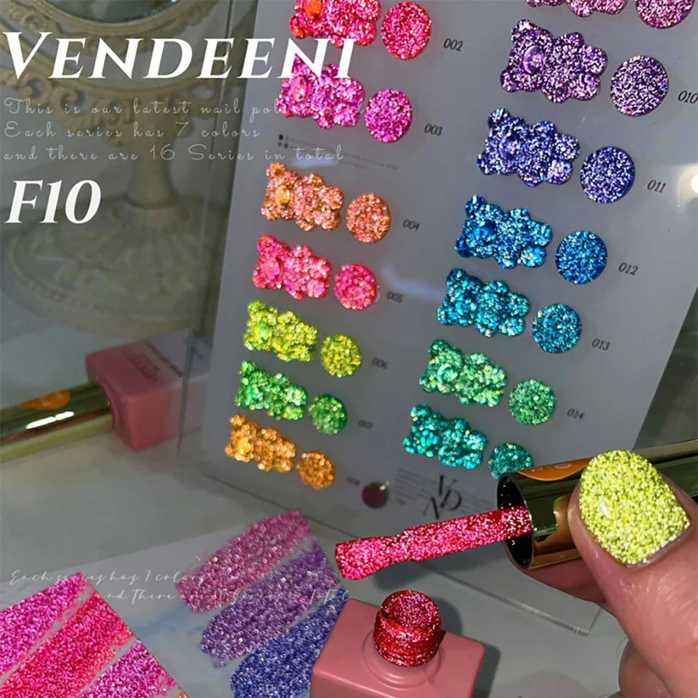Vendeeni 15 Colors/set Shiny Fluorescent Broken Diamond Gel Nail Polish  UV LED Glitter Sequins Nail Gel Varnish With Color Card