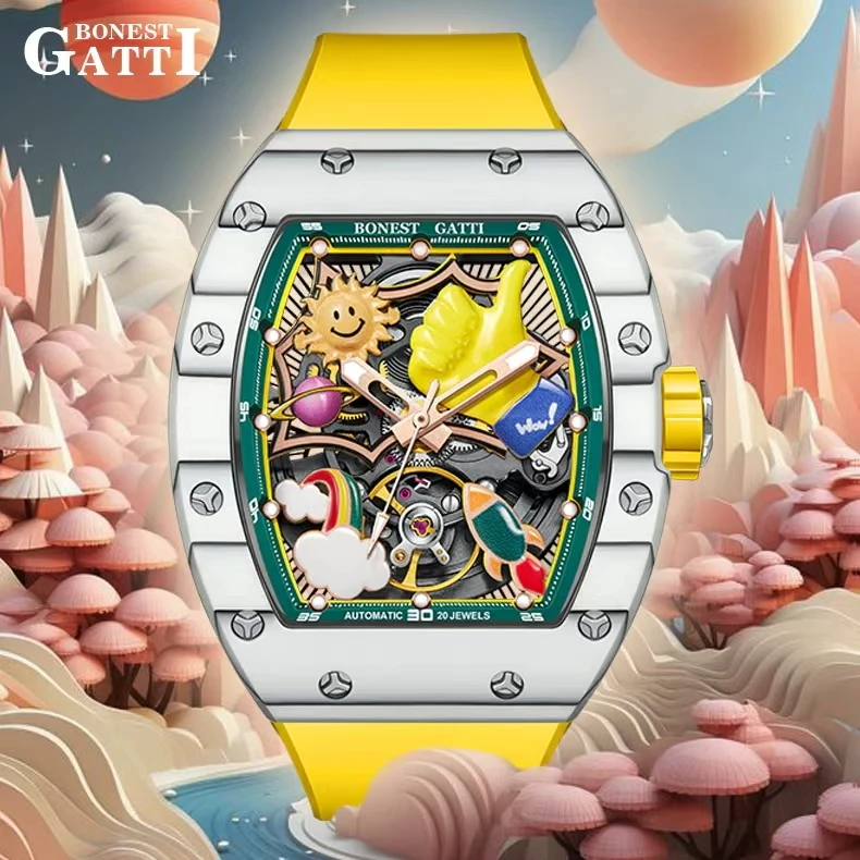 

BONEST GATTI Men Automatic Movement Watch 3D Cartoon Dial Mechanical Wristwatch Carbon Fiber Bezel Sapphire Glass Mirror Luminou