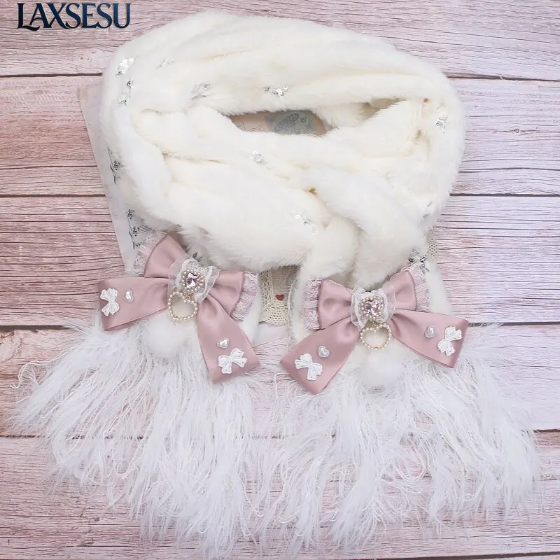 Lolita Accessories Japanese Winter Scarves Women Sweet Mass Production Bow Hairball Lace Edge Girl's Kawaii Warm Scarf Female