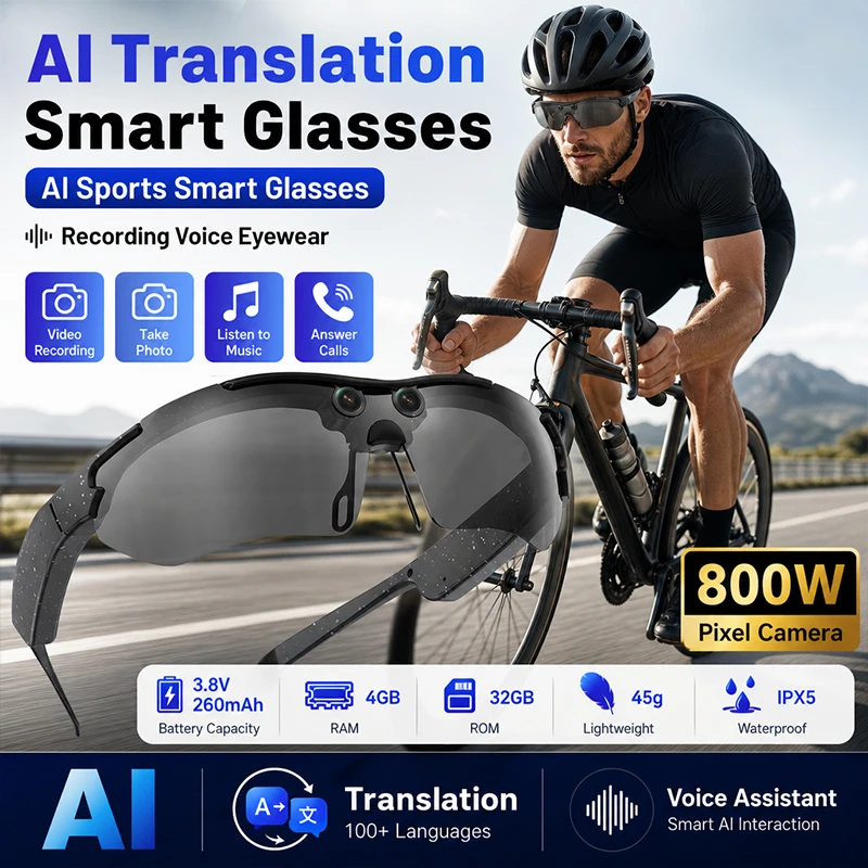 Sports AI Smart Sunglasses Men With Camera Bluetooth Play Music Windproof Translation Outdoor Recording Voice UV400 Goggles