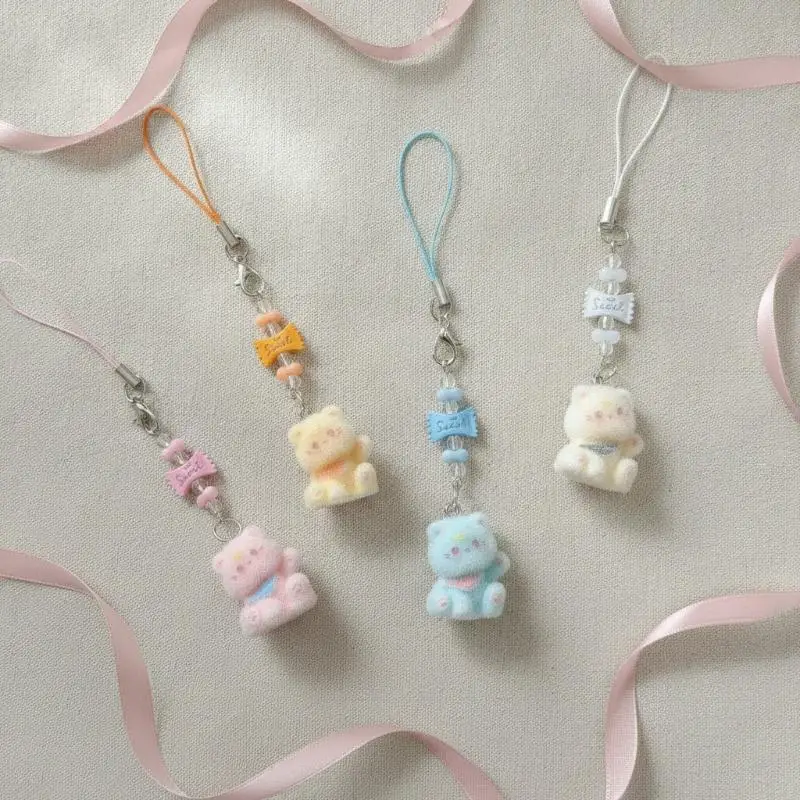 3D Flocked Resin Bear Keychain Cute Sweet Creative Phone Chain Pendant for Student Bag Decor Valentine Gift