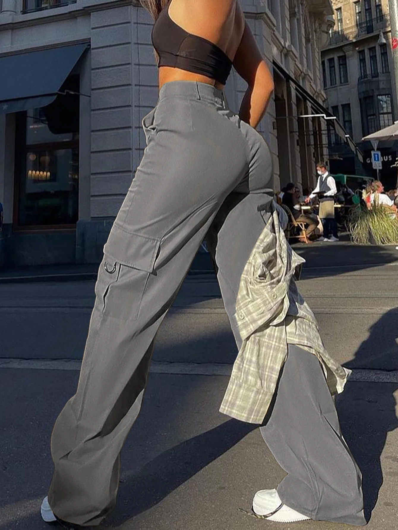 Y2K بنطال كاجوال بخصر مطاطي رمادي اللون متعدد الجيوب ومستقيم وواسع الساق، مناسب للارتداء اليومي في جميع المواسم #2