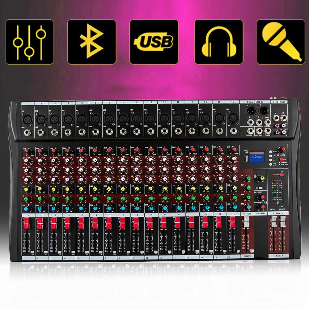 16-Channel Studio Audio Mixing Console - Bluetooth USB Digital Sound Mixer