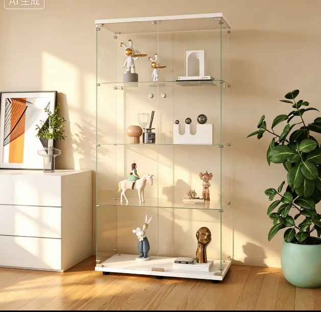 Vitrina de cristal con iluminación LED, moderna vitrina de cristal con pared trasera de espejo, ideal para exhibir objetos de colección, libros y vinos. Incluye 4 estantes de cristal y 2 puertas con cerradura.