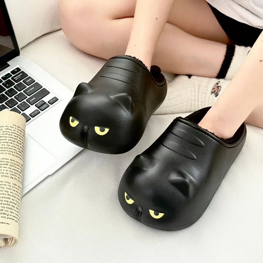 

New women's eva slippers cat design shoes with tails waterproof indoor outdoor slipper woman black kitty mules new shoes ladies