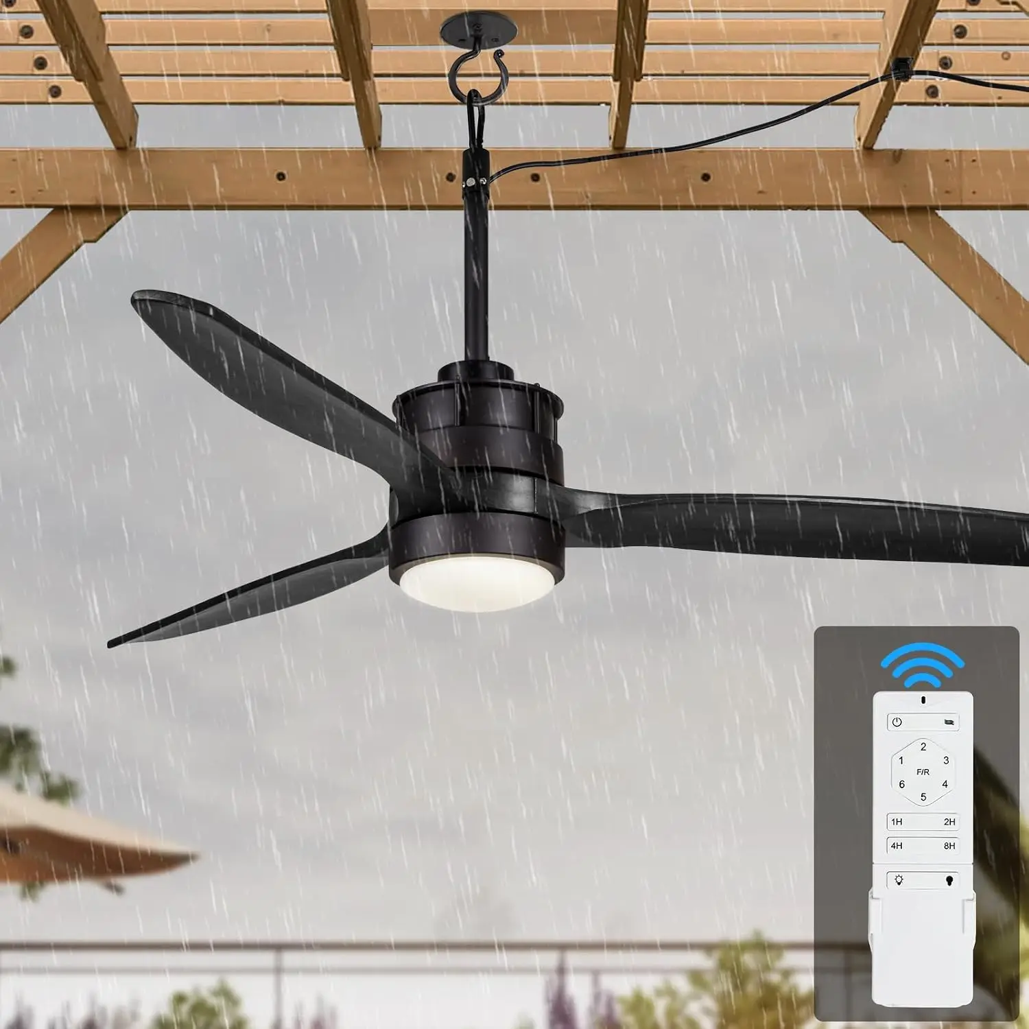 42“ Wet Rated Gazebo Ceiling Fans Outdoor Hanging for Patios Waterproof, Pergola Ceiling Fan with Light, Hook Installation, Blac