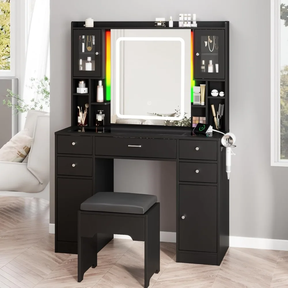 

Vanity Desk with LED Mirror,Makeup Vanity with Charging Station & RGB Lights,5 Drawers 4 Shelves Makeup Desk Vanity Table